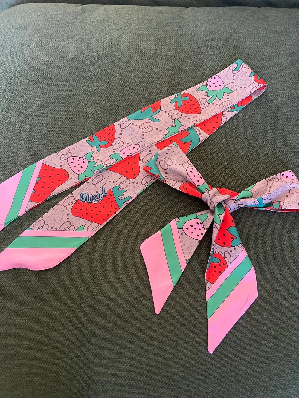 bundle of 2 Pink Strawberry Print Silk twilly with Green Accents